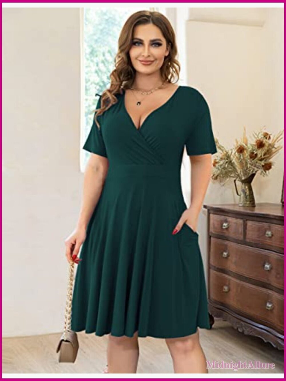 Plus Size Faux Wrap Dress with Pockets Short Sleeve Casual Swing Dress - Picture 2 of 6